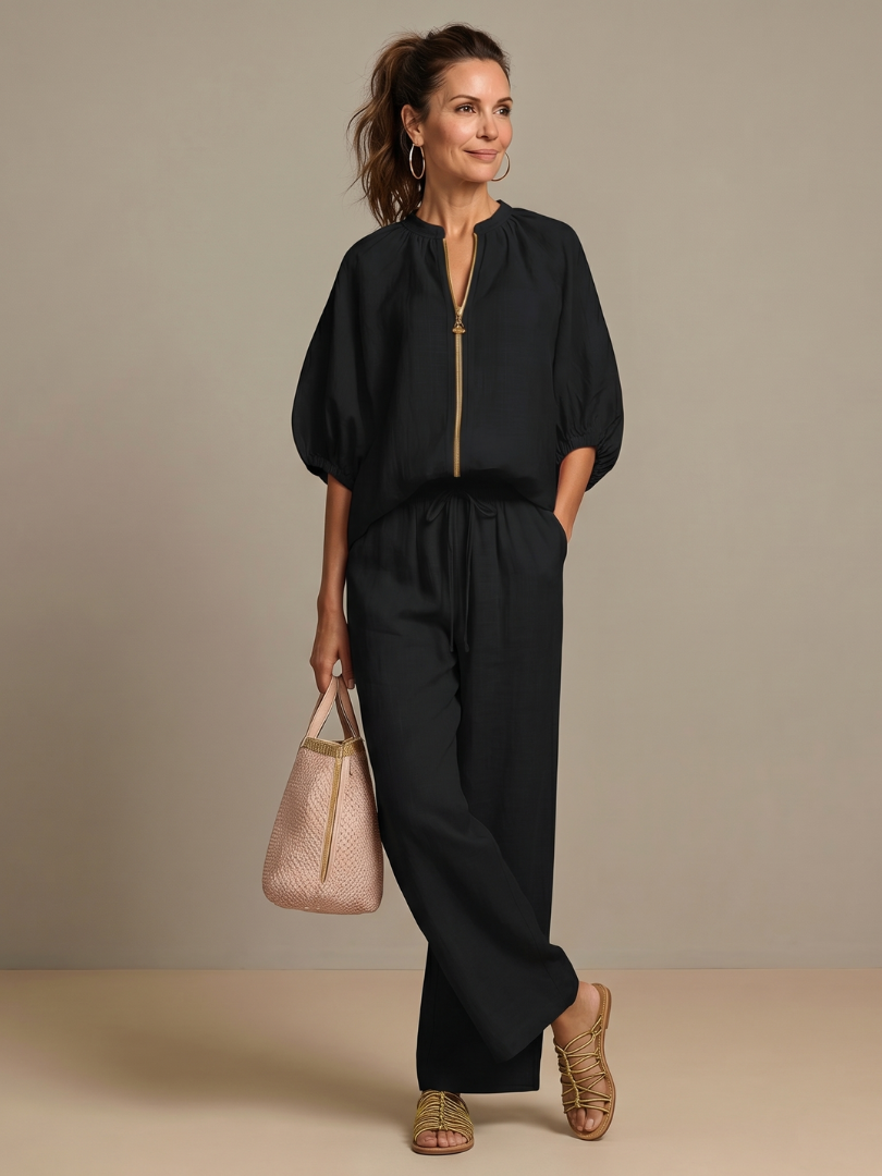 Natalia | Blouse avec fermeture éclair sur le devant et pantalon large