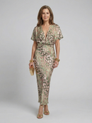 Corail | Robe midi à imprimé abstrait, décolleté en V et taille nouée
