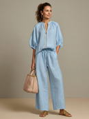 Natalia | Blouse avec fermeture éclair sur le devant et pantalon large