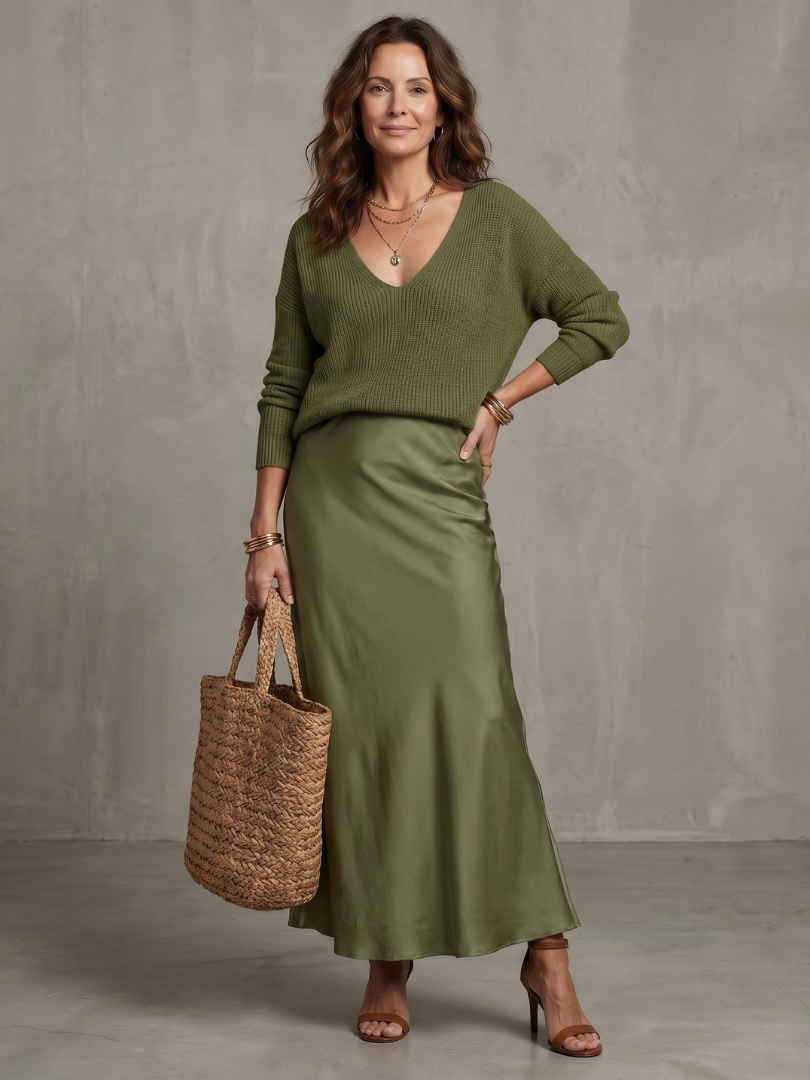 Luciana | Ensemble jupe satinée coupée dans le biais pour l'automne et cape en maille