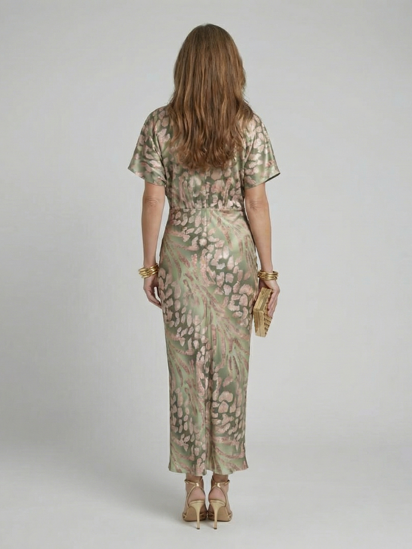 Corail | Robe midi à imprimé abstrait, décolleté en V et taille nouée