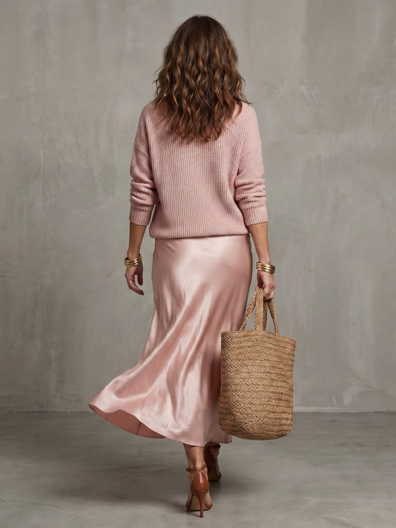 Luciana | Ensemble jupe satinée coupée dans le biais pour l'automne et cape en maille