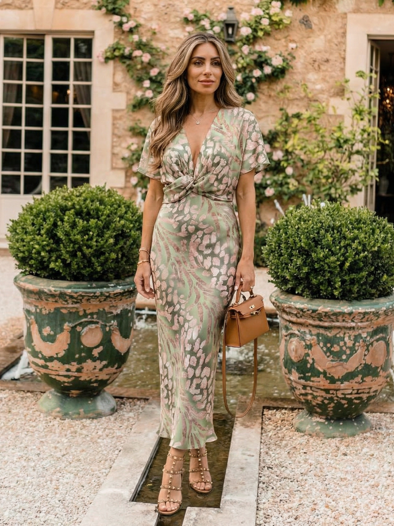 Corail | Robe midi à imprimé abstrait, décolleté en V et taille nouée