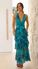 Robe à Imprimé Floral et Décolleté Plongeant