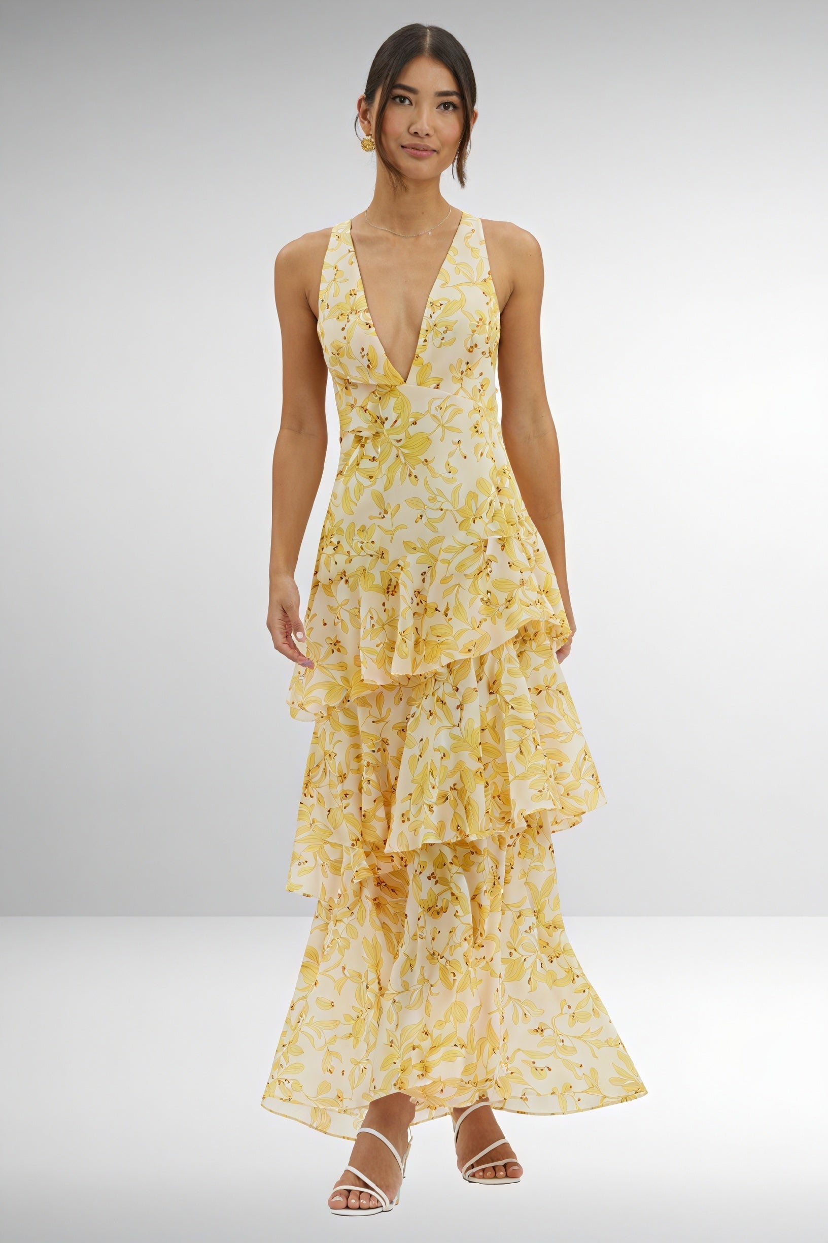 Robe à Imprimé Floral et Décolleté Plongeant