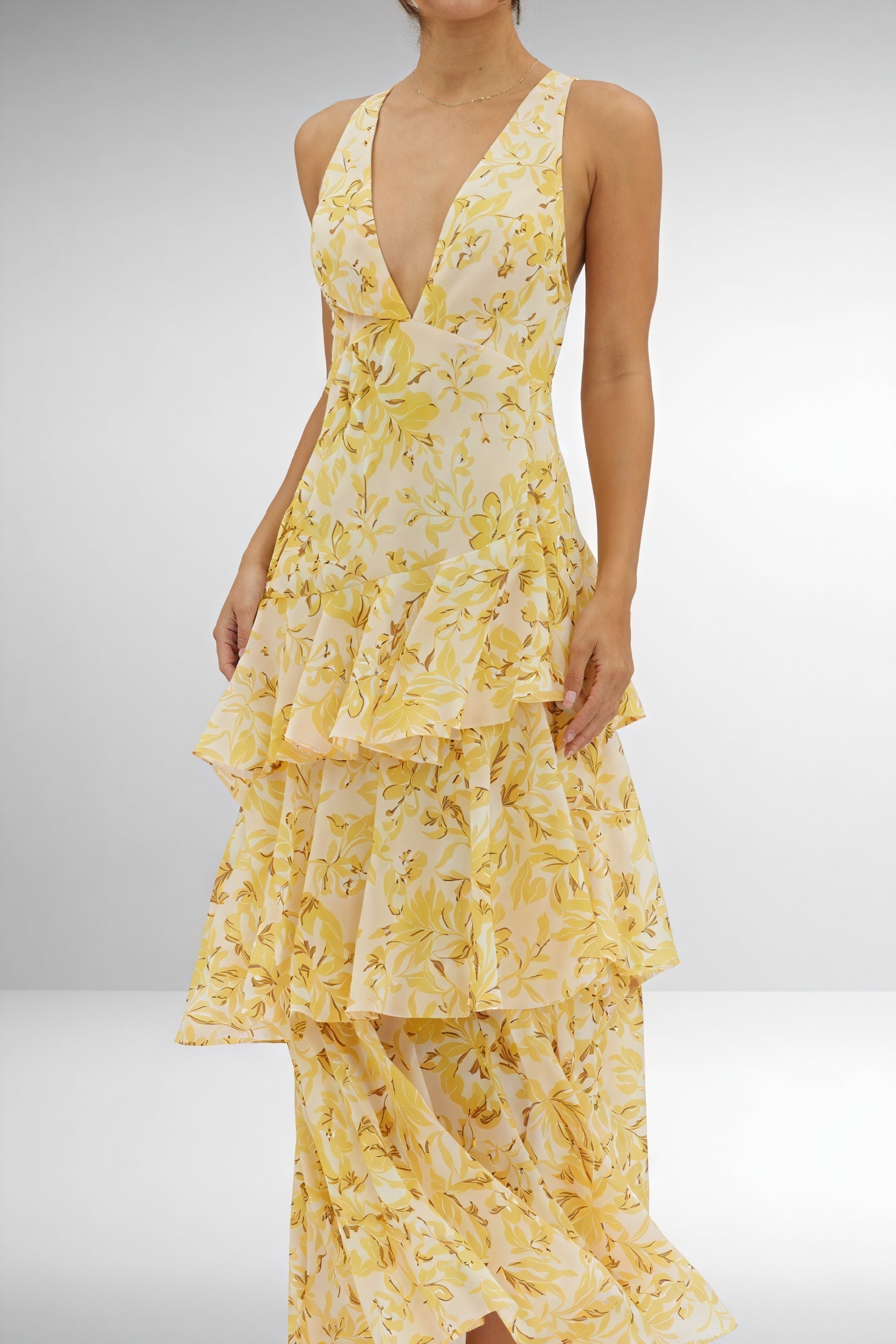 Robe à Imprimé Floral et Décolleté Plongeant