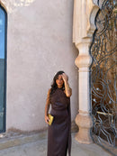 Noa | Robe Vintage Unie avec Nœud et Taille Haute