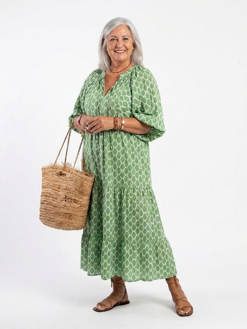 Mercedes | Robe midi imprimée avec manches trois-quarts et décolleté en V