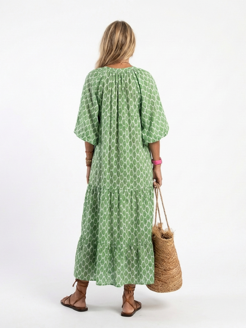 Mercedes | Robe midi imprimée avec manches trois-quarts et décolleté en V