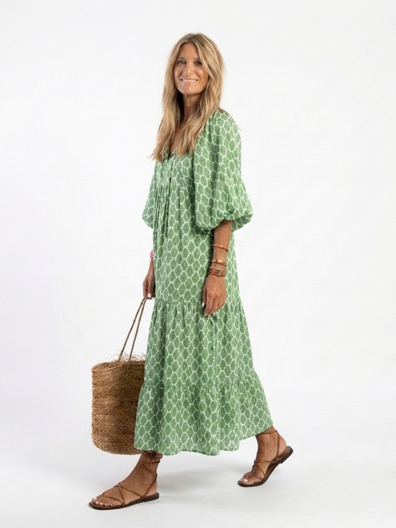 Mercedes | Robe midi imprimée avec manches trois-quarts et décolleté en V