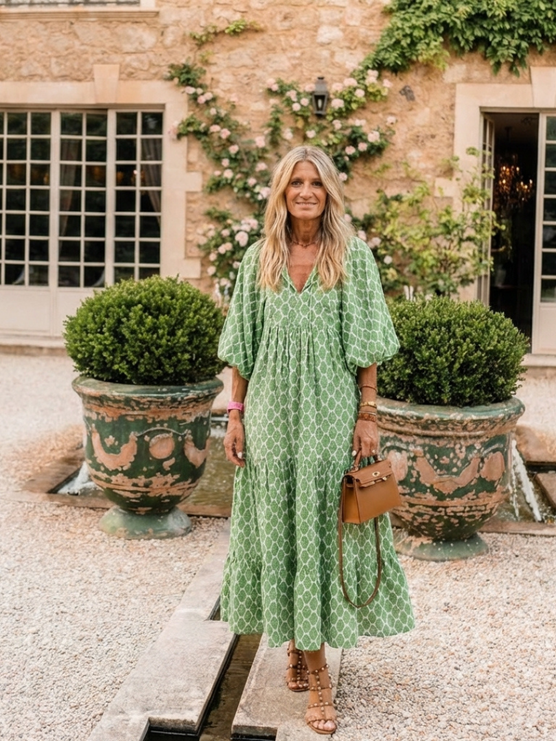 Mercedes | Robe midi imprimée avec manches trois-quarts et décolleté en V