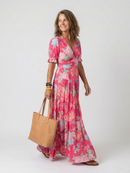 Aurora | Robe midi à imprimé floral, col en V et manches courtes