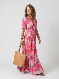 Aurora | Robe midi à imprimé floral, col en V et manches courtes