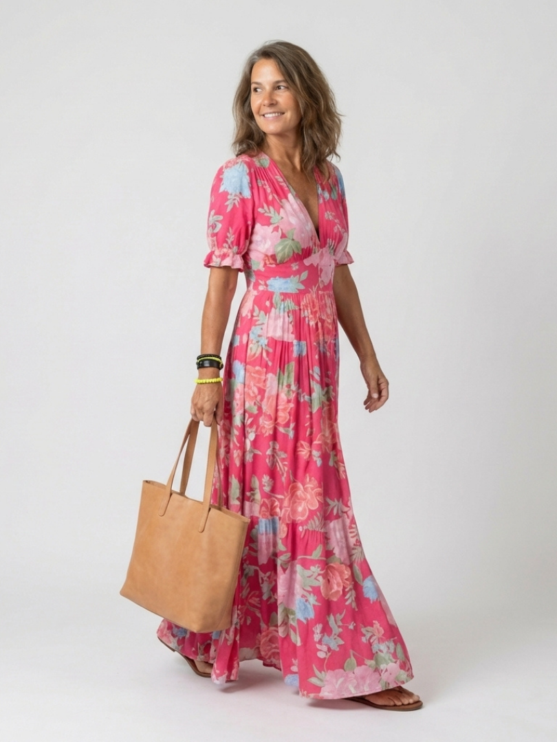 Aurora | Robe midi à imprimé floral, col en V et manches courtes