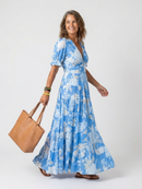 Aurora | Robe midi à imprimé floral, col en V et manches courtes