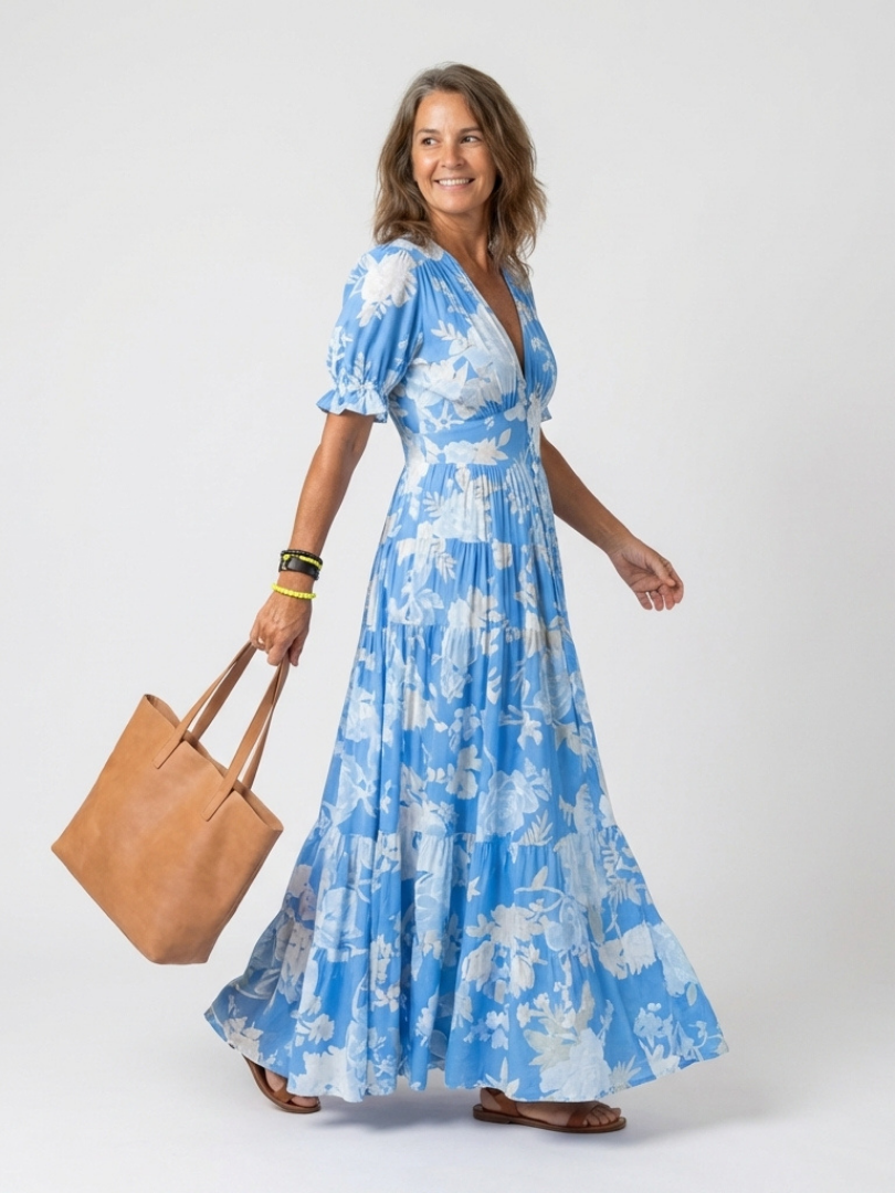 Aurora | Robe midi à imprimé floral, col en V et manches courtes