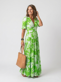 Aurora | Robe midi à imprimé floral, col en V et manches courtes