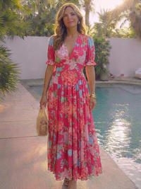 Aurora | Robe midi à imprimé floral, col en V et manches courtes