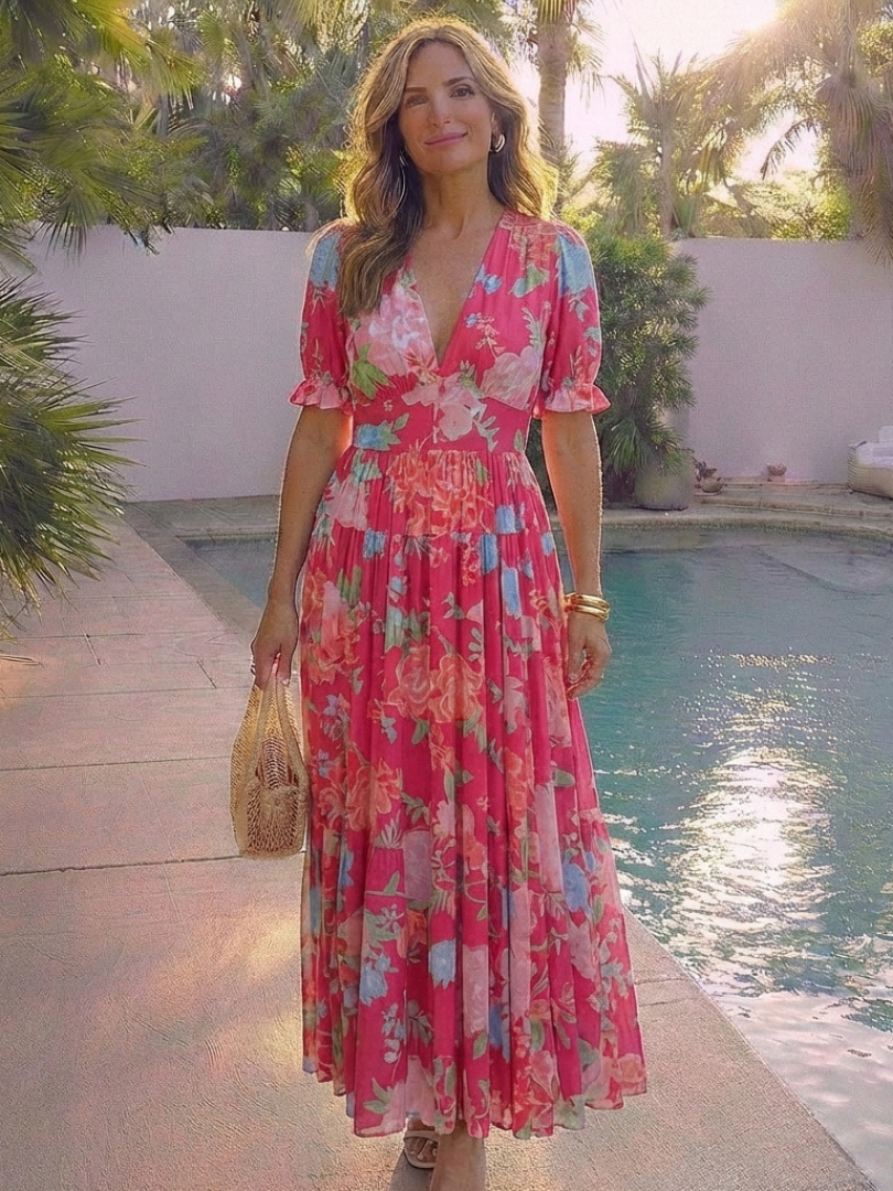 Aurora | Robe midi à imprimé floral, col en V et manches courtes