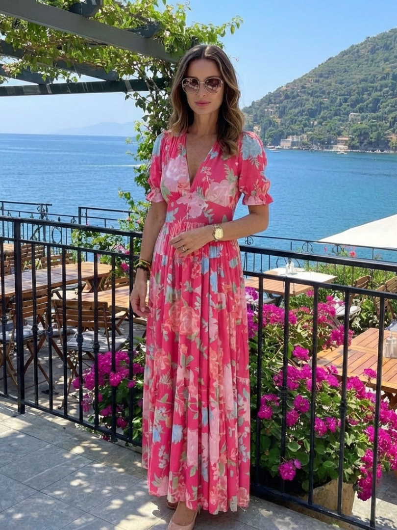 Aurora | Robe midi à imprimé floral, col en V et manches courtes