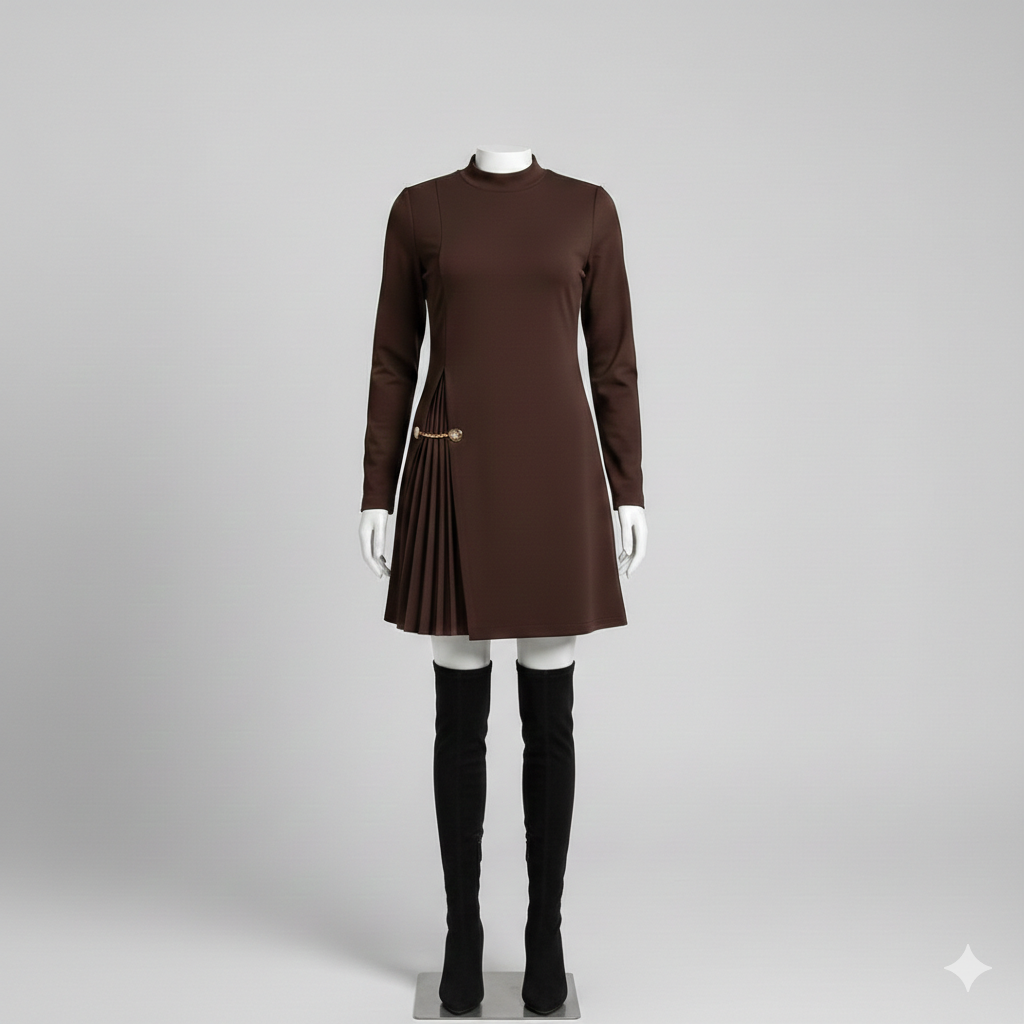 Vestido Sofisticado Línea A con Detalle Plisado y Cadena Dorada