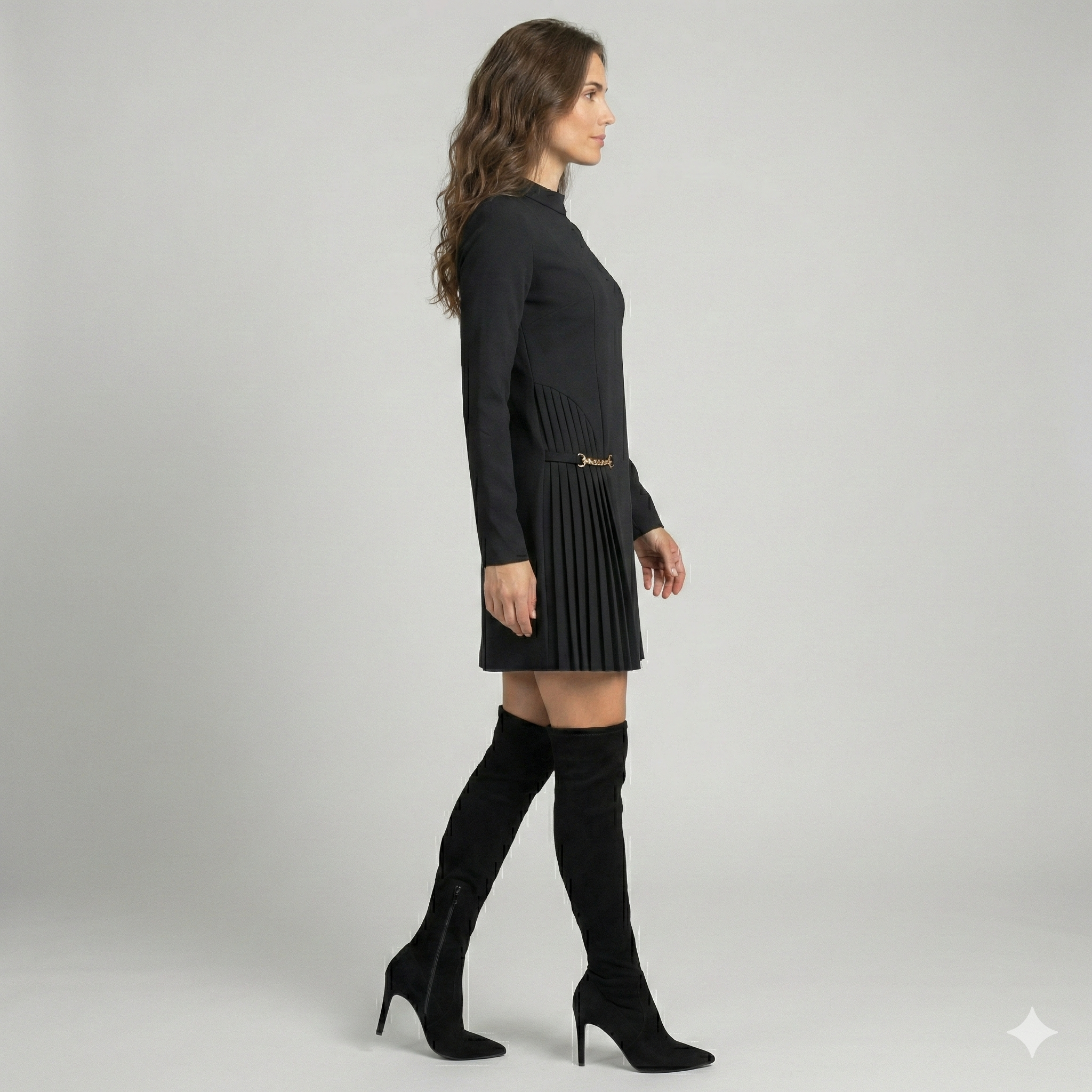 Vestido Sofisticado Línea A con Detalle Plisado y Cadena Dorada