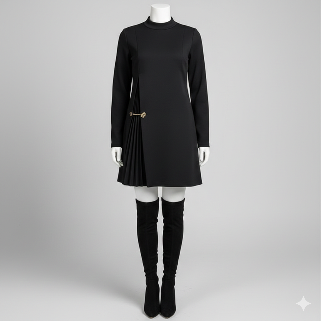 Vestido Sofisticado Línea A con Detalle Plisado y Cadena Dorada