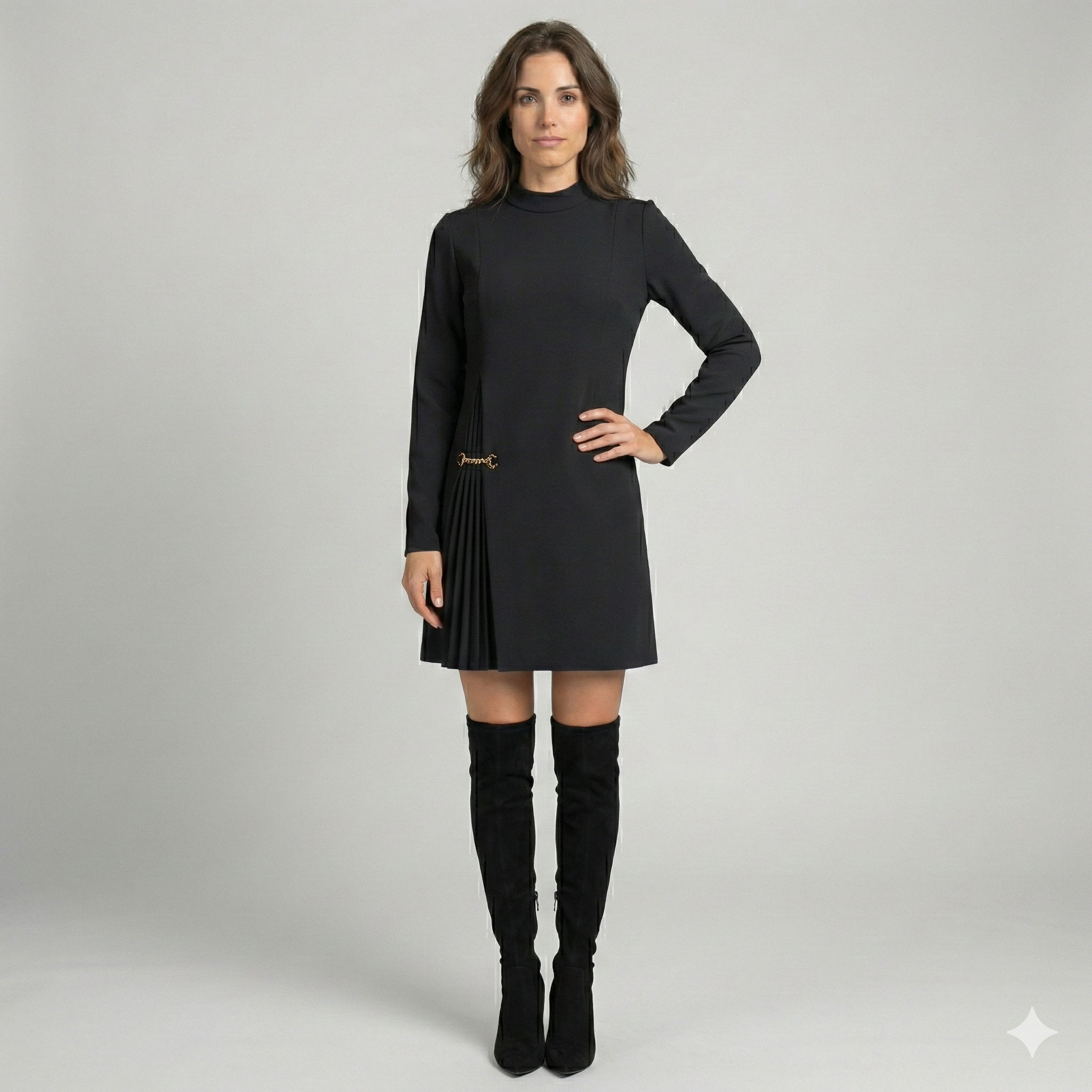 Vestido Sofisticado Línea A con Detalle Plisado y Cadena Dorada