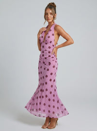Robe longue dos nu à pois avec lien à la taille