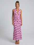 Robe longue dos nu à pois avec lien à la taille