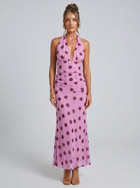 Robe longue dos nu à pois avec lien à la taille