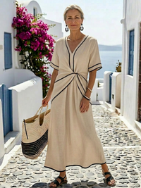 Inma | Robe midi à col en V et manches courtes, taille froncée