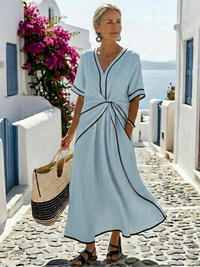 Inma | Robe midi à col en V et manches courtes, taille froncée
