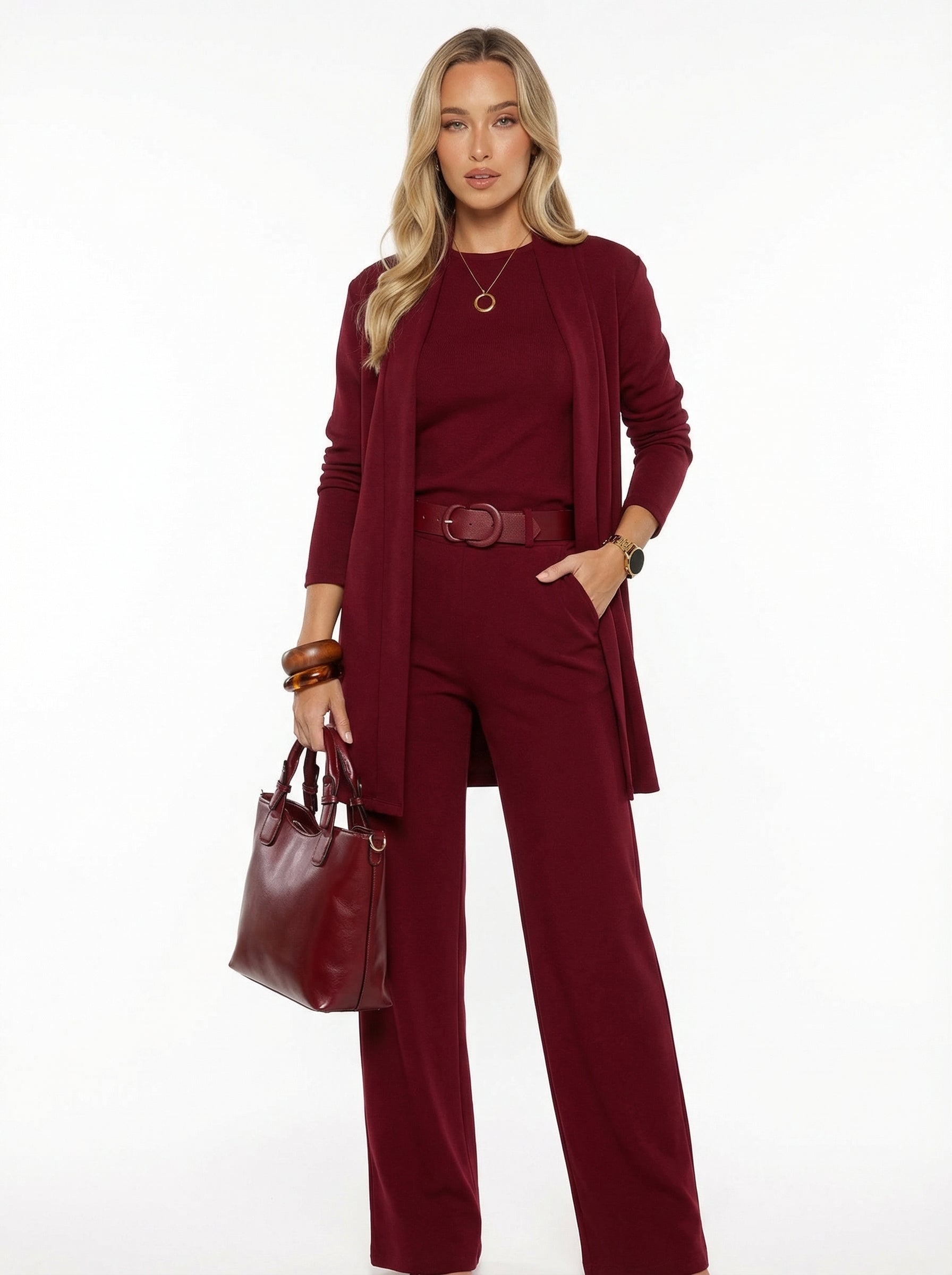 Ensemble Elena - cardigan long, top et pantalon.