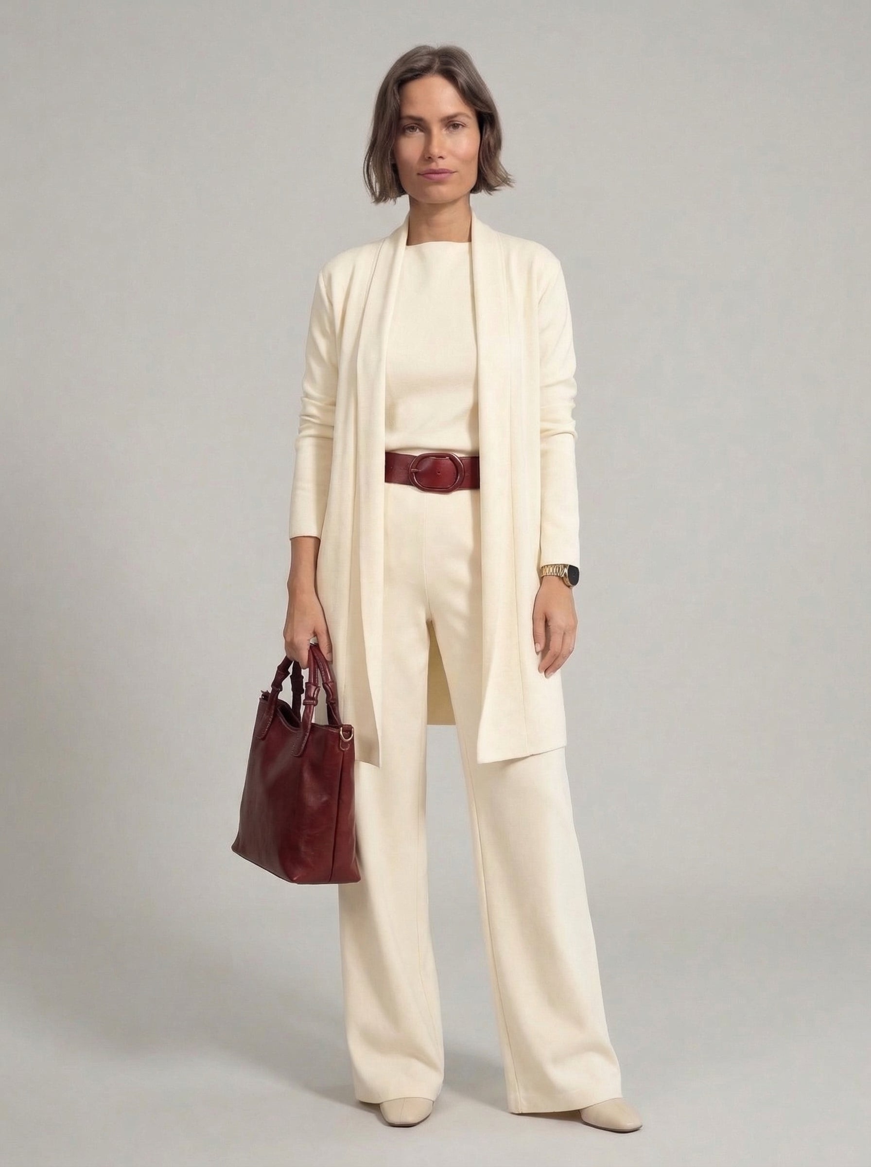 Ensemble Elena - cardigan long, top et pantalon.