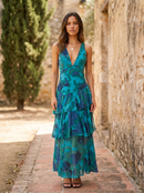Robe à Imprimé Floral et Décolleté Plongeant
