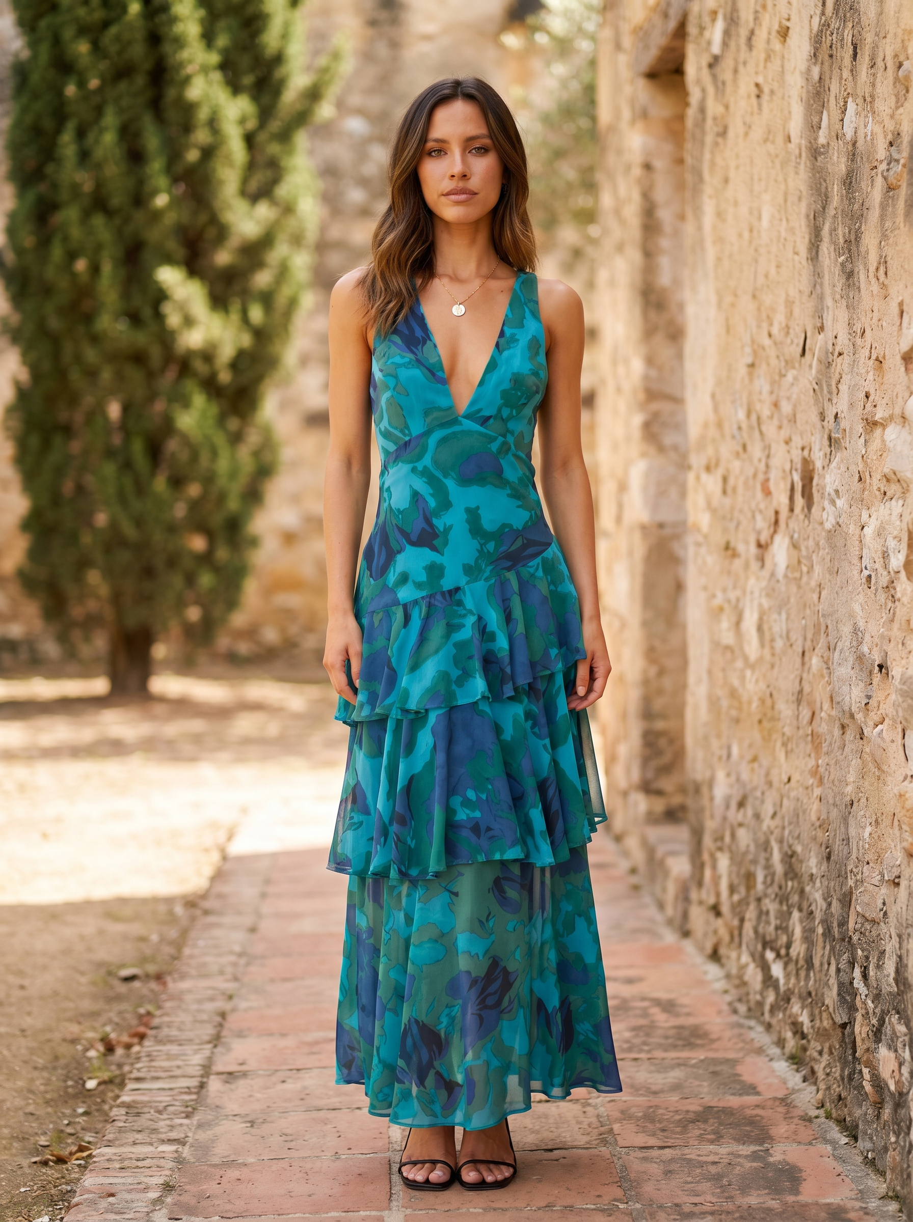 Robe à Imprimé Floral et Décolleté Plongeant