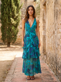 Robe à Imprimé Floral et Décolleté Plongeant