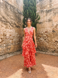 Robe à Imprimé Floral et Décolleté Plongeant
