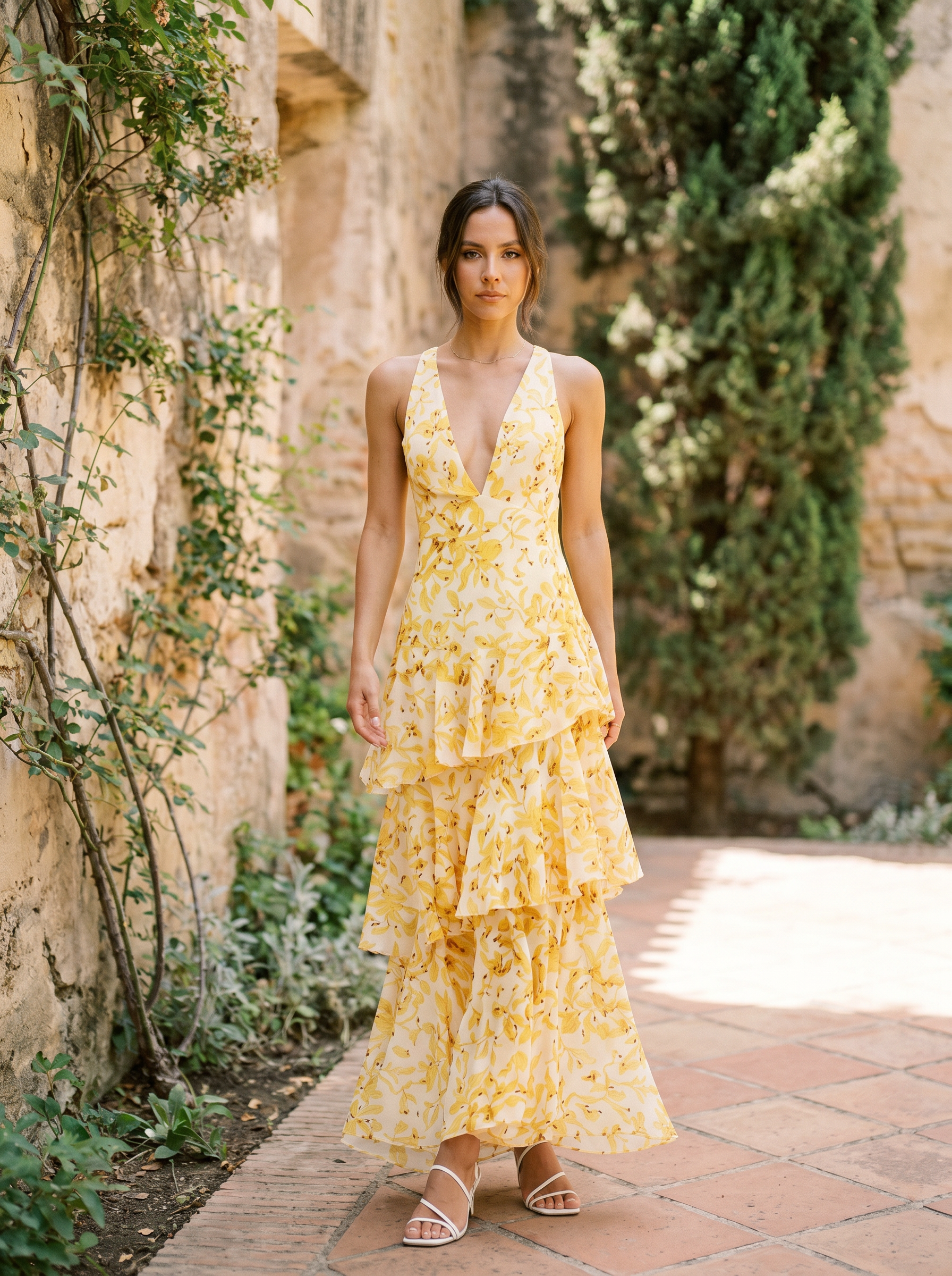 Robe à Imprimé Floral et Décolleté Plongeant