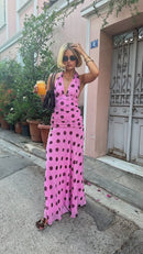 Robe longue dos nu à pois avec lien à la taille